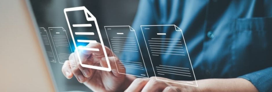 Illustration of a digital document management system, representing the transition from Laserfiche to SharePoint. Highlights modern, secure, and efficient file storage and compliance workflows tailored to RIAs