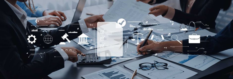 Financial professionals reviewing compliance documents and reports at a conference table with digital governance and regulatory icons overlayed, representing SEC Regulation S-P compliance requirements.